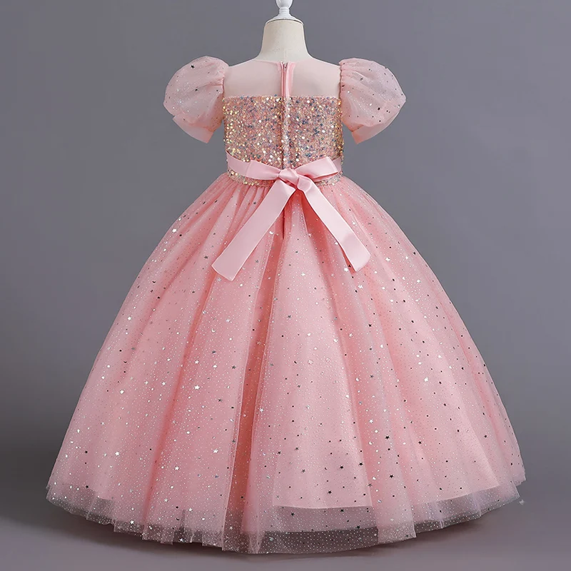 2024new Children's Dress Girls' Princess Sequin Bubble Sleeve Long Mesh Flower Little Girl Wedding For Summer For 5-14 Years old