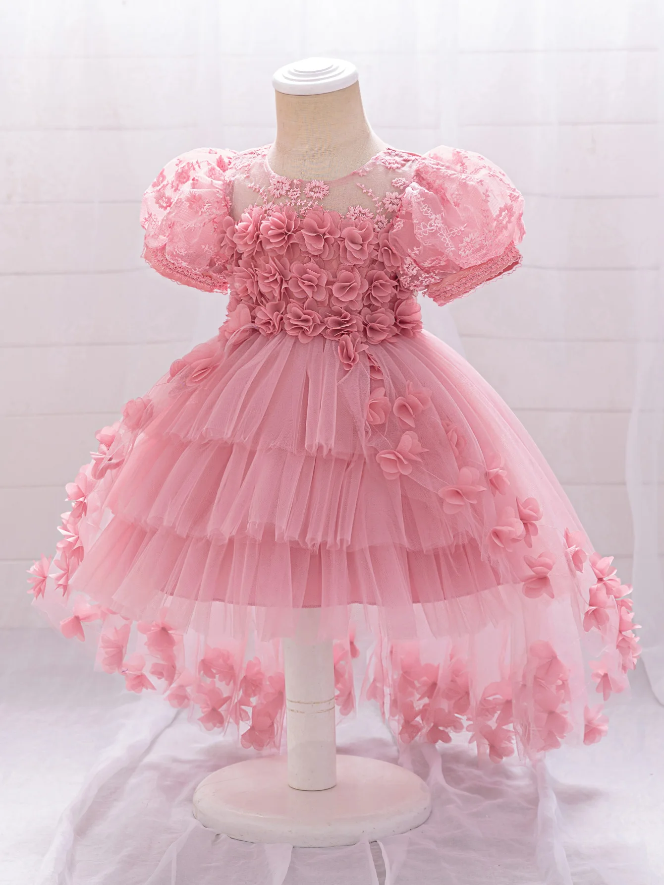 Toddler Girls 1st Birthday Princess Dresses Puff Sleeve Trailing Flower Girl Dress Tulle Puffy Baby Party Wedding Ball Gown 0-3Y