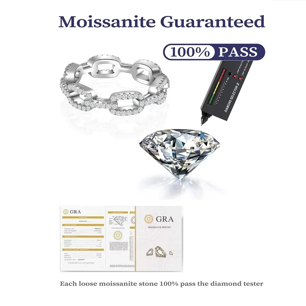 925 Sterling Silver Full Diamond Moissanite TrendyFine Jewelry Accessories Simulated Diamond Stacking Chain Rings For Women Gift