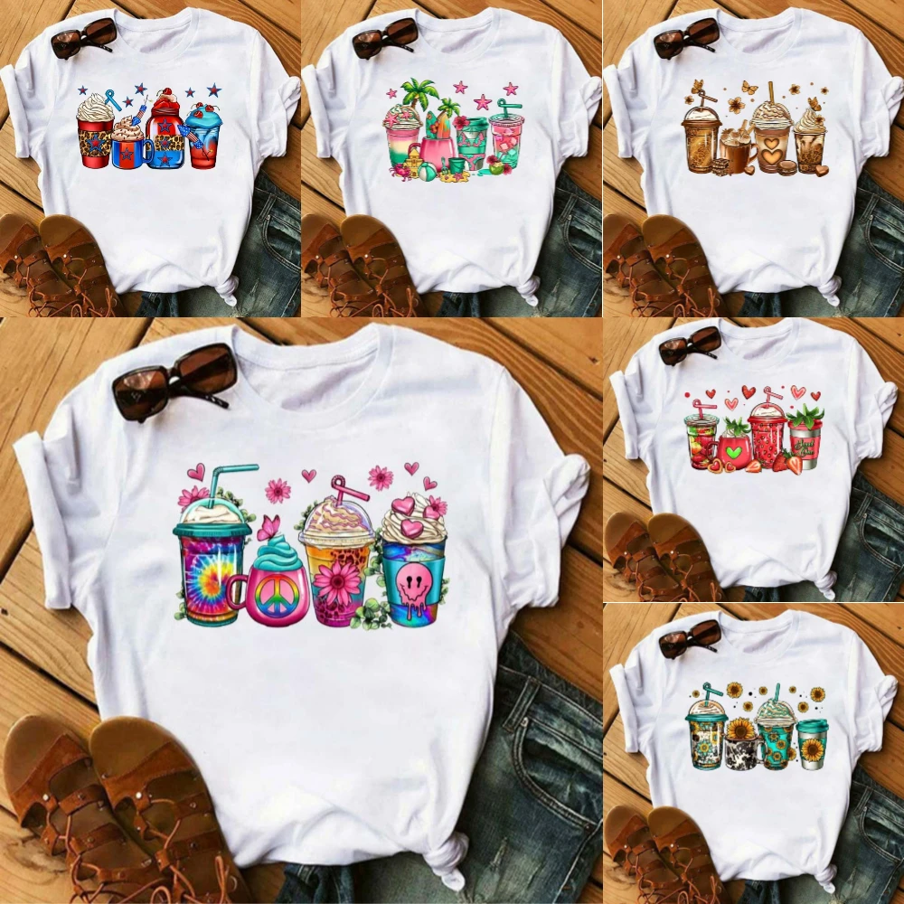 

Cartoon Coffee Women T-Shirt Water Bottle with Juice Loose Tee Red Cherries Graphic Daily Streetwear Fashion Soft Top T Shirt