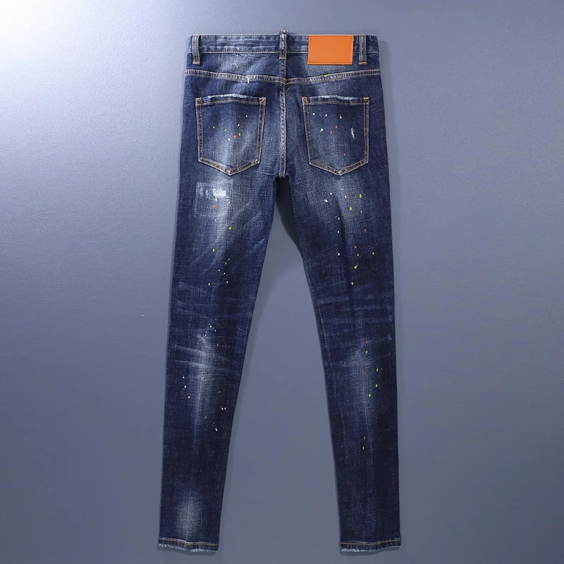 High Street Fashion Men Jeans Vintage Blue Stretch Slim Ripped Jeans Men Painted Designer Hip Hop Brand Y2K Denim Pants Hombre