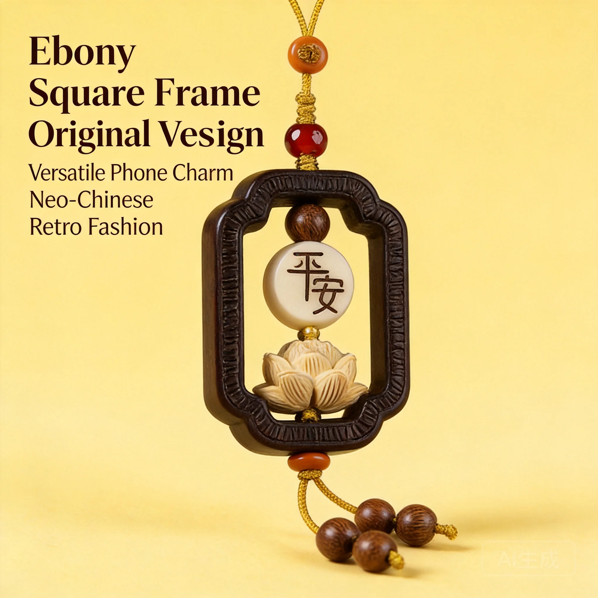 Chinese Style Ebony Square Frame Mobile Phone Lanyard Hand Carved Boxwood Lotus Peace Blessing Lucky Fortune Auspicious Hanging