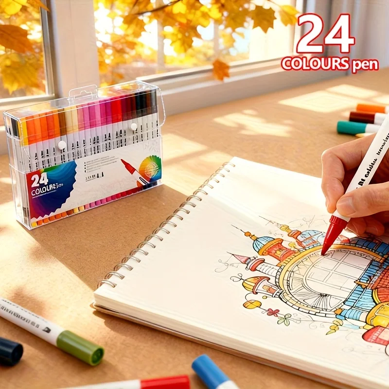 

24 Rich Pigment Marker Pens - Dual Tip Brush + Fine Tip Watercolor, Non-Bleed Art Supplies for Manga Coloring Sketching Projects