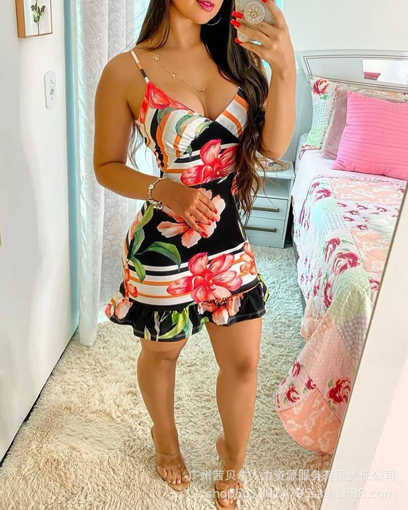 

Fresh and Sweet for Women Mini Dress 2024 Summer Elegant U-Shaped Collar Sleeveless Floral Print New Hollow Out Sexy Dress