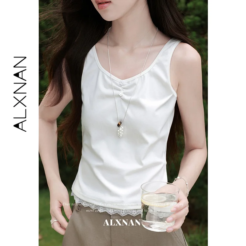 ALXNAN White French Sleeveless Tank Top Square Neck Chest Ruched Two 3D Flower Lace Hem Tanks Slim Elegant Ladies Tops L67030