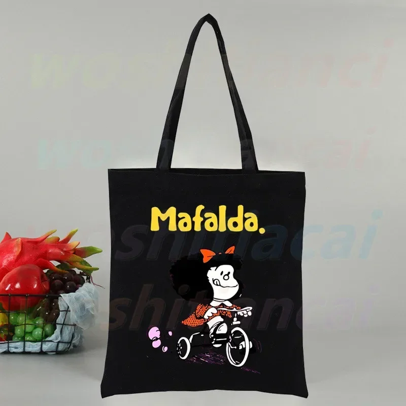 Tas tangan hitam wanita komik kartun Anime Mafalda tas jinjing kanvas tas belanja Travel wanita tas bahu dapat digunakan kembali bolsas de tela