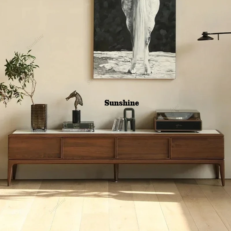

Light Luxury Black Walnut Stone Plate TV Cabinet and Tea Table Combination Minimalist Style Living Room Solid Wood Complete Set