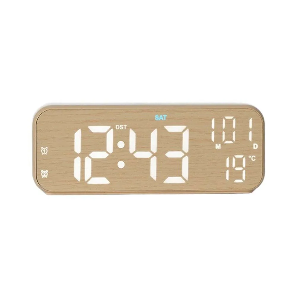1 Piece LED Digital Clock Wood Grey Color Adjustable Brightness Temperature Date Display For Home Bedside Living Room Decor