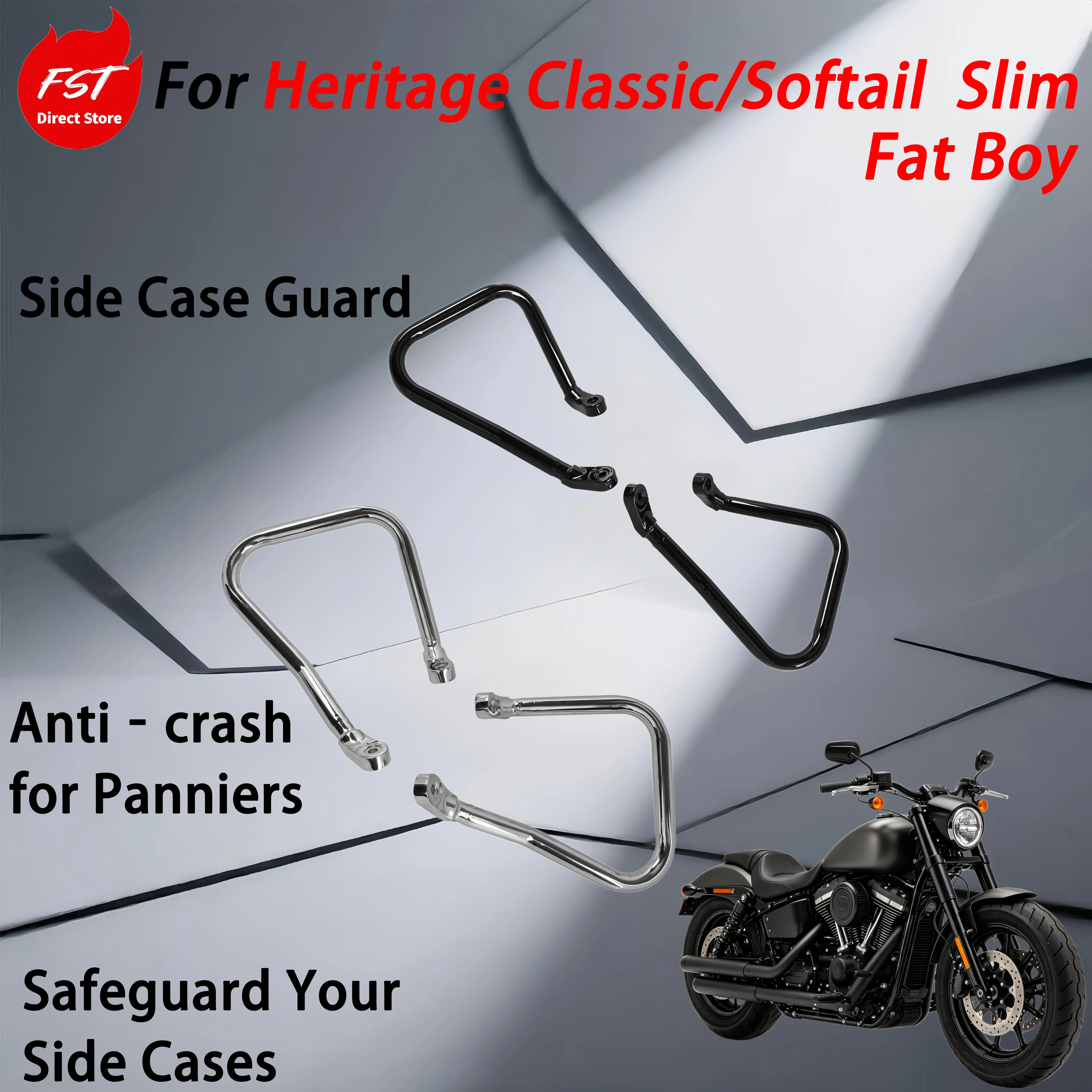 For Heritage Classic/Softail Slim/Fat Boy modification accessories: side box guard, rear bumper, and bumper impact bar