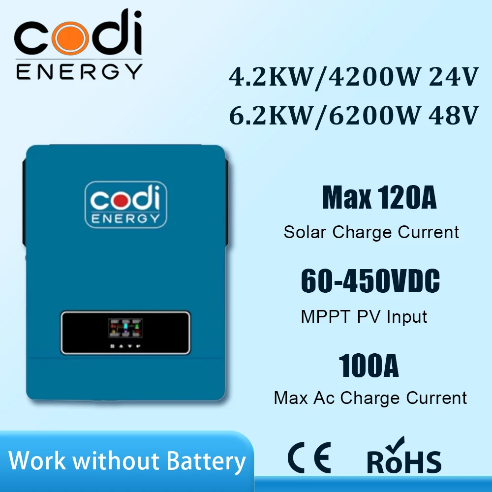 

CODI 4.2KW 6.2KW Hybrid Solar Inverter 24V 48V MPPT 120A Solar Charger Hybrid Inverter On Off Grid Dual Output Pure Sine Wave