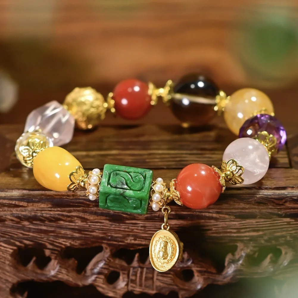 S925 Silver Multi-gem Bracelet with A Jadeite, Amber, Agate, Amethyst & Smoky Quartz Vintage Women Wrist Jewelry