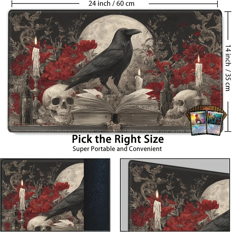 Dark Gothic-style black-and-white skull with red flowers and mysterious magic compatible with RPG and trading card games.