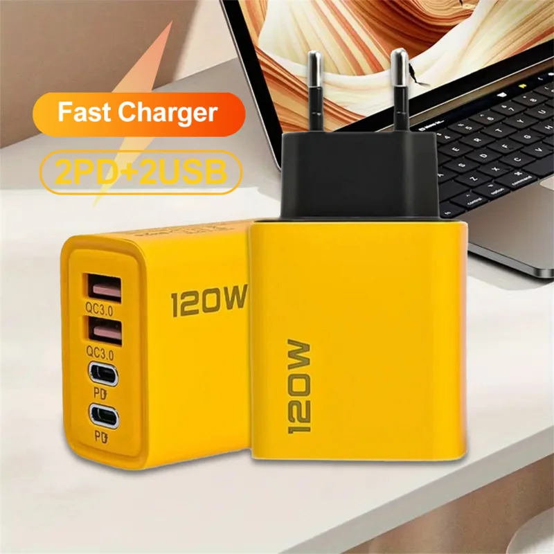 120W 2 USB 2 Type Multi Port Wall Charger Super Fast Charging USB PD Adapter For iPhone Xiaomi Samsung Huawei Mobile Phone Plug