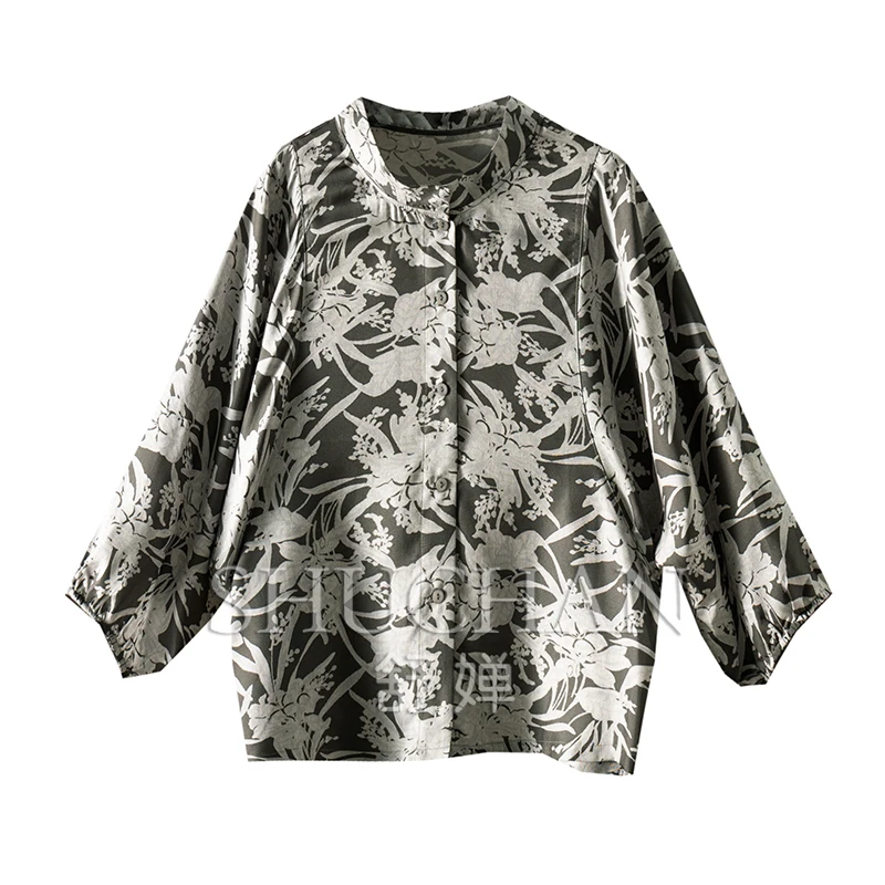 Twill Natural Silk Retro Printed Seven-quarter Sleeve Shirt Women 52A0 Blusas Femininas Elegantes Shirts for Women