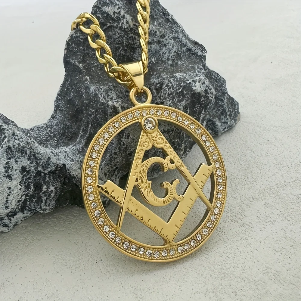 Masonic AG Symbol Hollow Round Pendant Necklace Rhinestone Paved Outer Ring 316L Stainless Steel Gold Color Hip‑Hop Jewelry