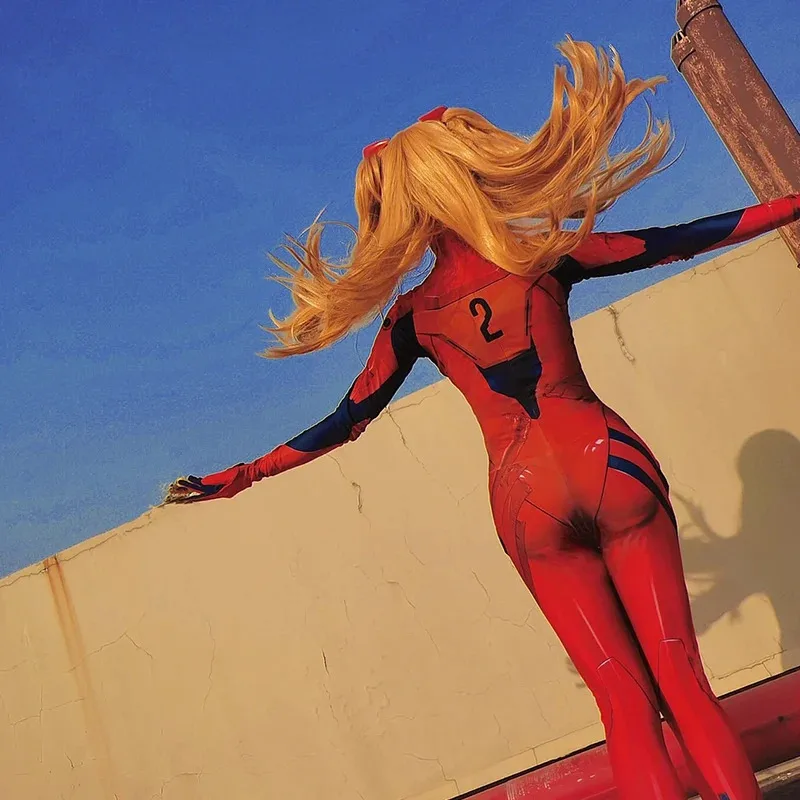 Lili 123 Asuka Langley Soryu شعر مستعار طويل برتقالي أنيمي بيروكات صناعية مع الانفجارات الشعر مقاومة للحرارة النساء حفلة تأثيري رئيس