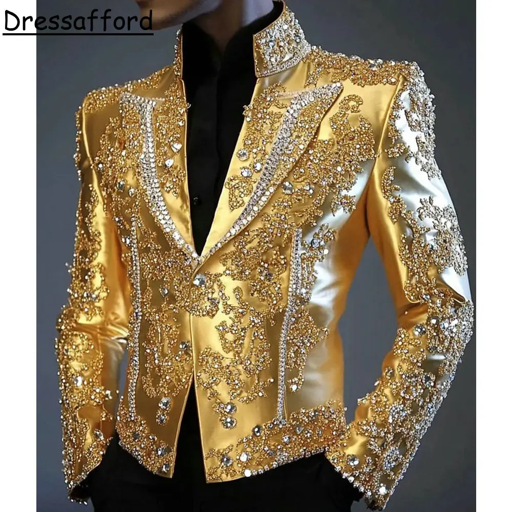 골드 럭셔리 비딩 다이아몬드 웨딩 턱시도 남성 정장 슬림핏 턱시도 블레이저 웨딩 파티 신랑 2피스 재킷 바지