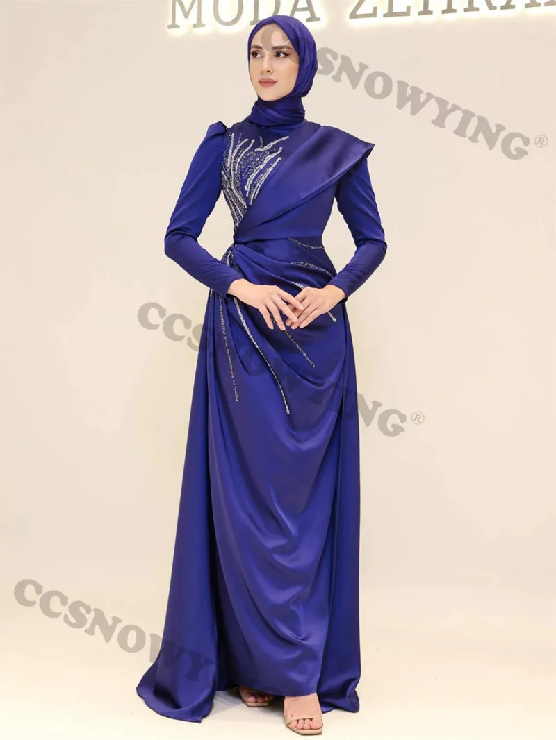 

Long Sleeve Hijab Muslim Evening Dresses Satin Appliques Beaded Islamic Women Formal Party Gown Saudi Arabia Robes De Soirée