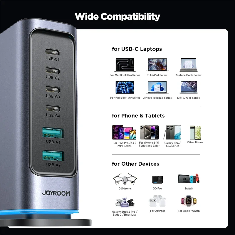 JOYROOM 65W GaN Charger Desktop Charging Station 4C2A Port Fast Charging PD 65W Laptop Charger Adapter for MacBook Pro/Air