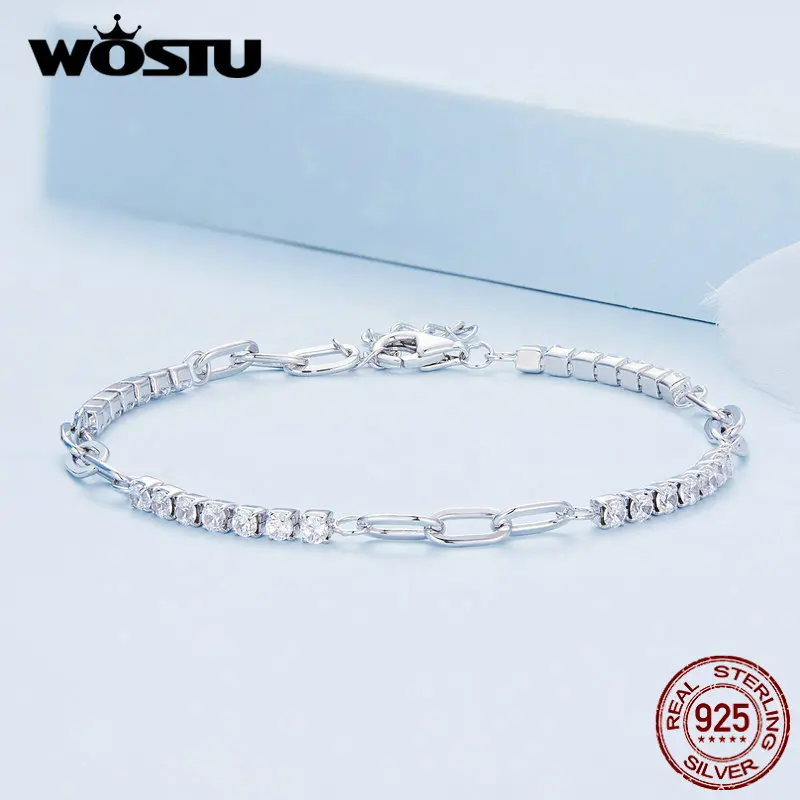 WOSTU 925 Sterling Silver Square Shiny Cubic Zirconia Tennis Bracelets For Women Euro Simple Splice Bangle Wrist Jewelry Gift