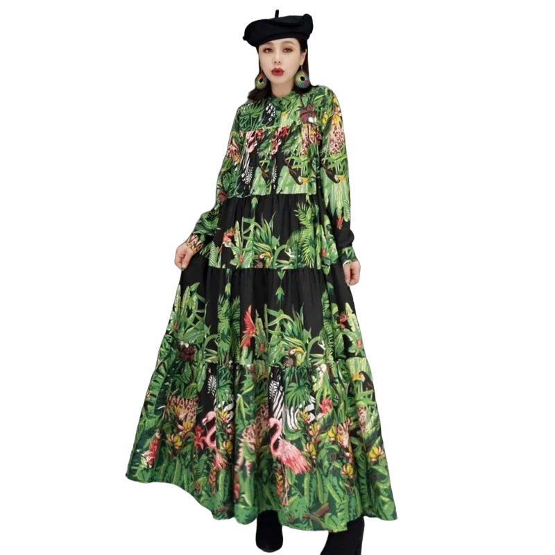 2024 Lente Herfst Vrouwen Lange Mouwen Ronde Hals Jurk Losse Mid-Length Regenwoud Dier Print Katoenen Linnen Jurk Lhx1790