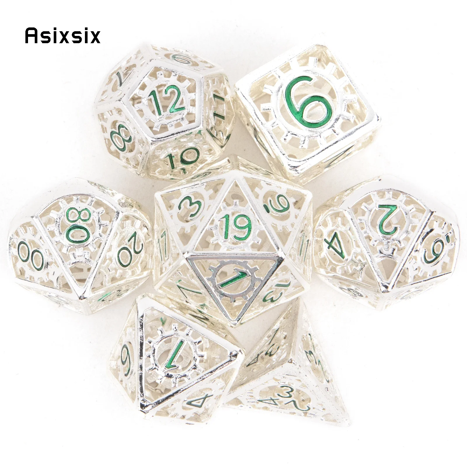 

7 Pcs White Green Gear Wheel Metal Dice Hollow Metal Polyhedral Dice Set Suitable for Role-Playing RPG Board Game Card Game