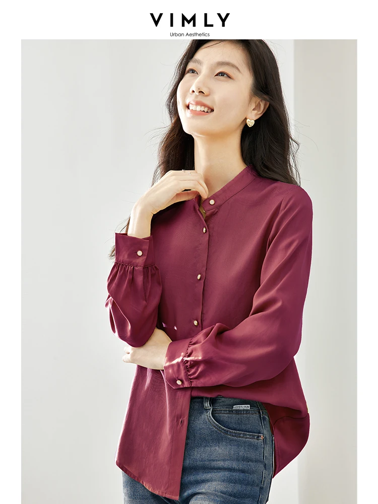 Vimly Basics 100% Lyocell Blouse Shirt for Women Office Lady 2023 Spring Fashion Elegant Stand Collar Full Sleeve Tops V7813