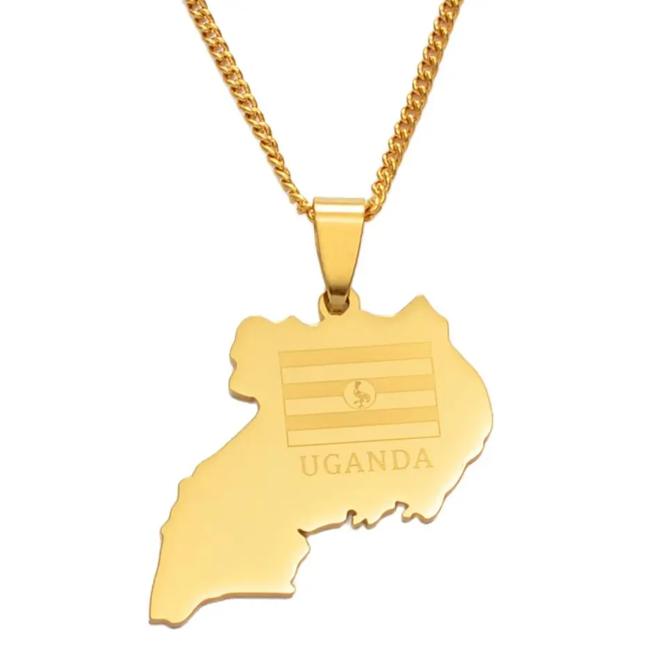 Anniyo Uganda Map Pendant and Chain Necklaces for Women Men Gold Color Maps Jewelry #119521