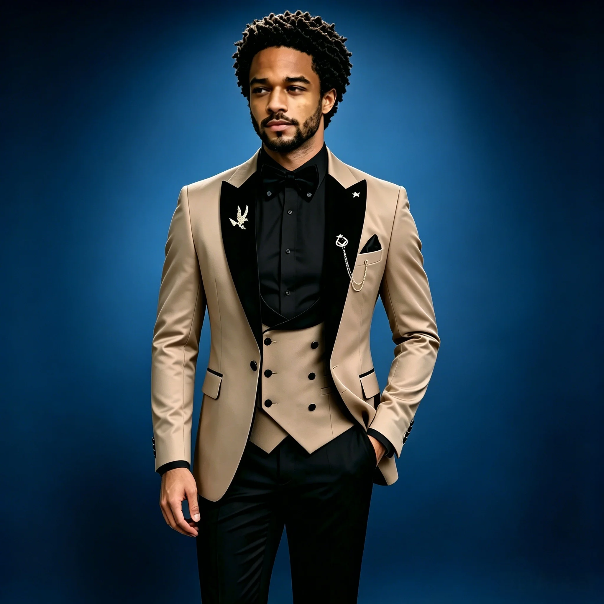 

Beige Formal Men Suit 3 Pieces Tuxedos Peaked Lapel Groomsmen Wedding Suits Set Fashion Male Party Business Blazer Pants Vest