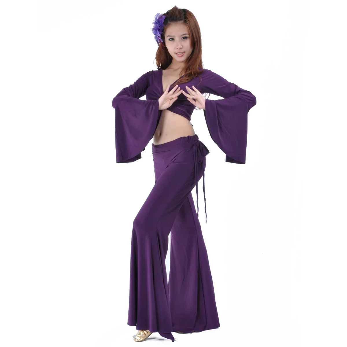 Hot Sale Hight Quality Women Girls Practice Costume Crystal Cotton Flared Sleeve Waist Skirt Tribal Pants Belly Dance Set