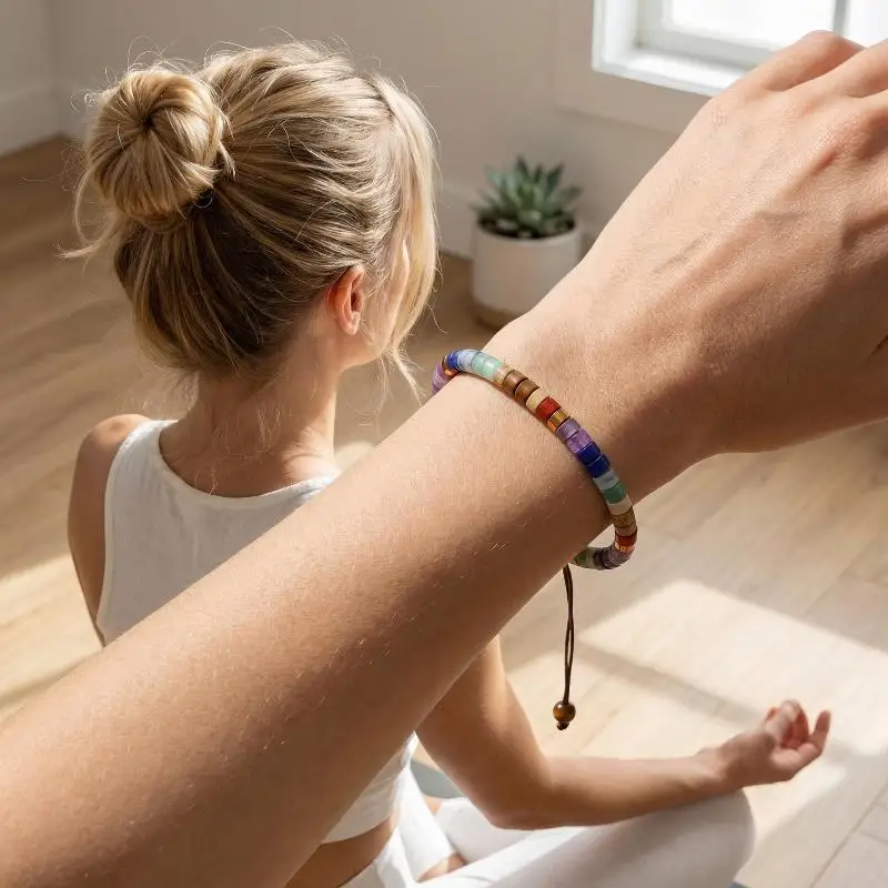 7-Chakra-Armband aus Naturstein, Perlenarmband, gewebter Schmuck für Frauen mit 7 Chakra-Farben: Rot, Orange, Gelb, Grün, Indigo, Violett – Detail 5