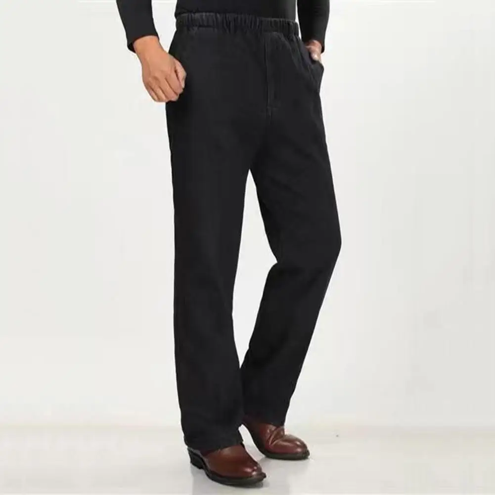 Удобные мужские джинсы, мужские джинсы, облегающие джинсы среднего возраста для отца с эластичным поясом и карманами с высокой талией, мягкие прямые повседневные