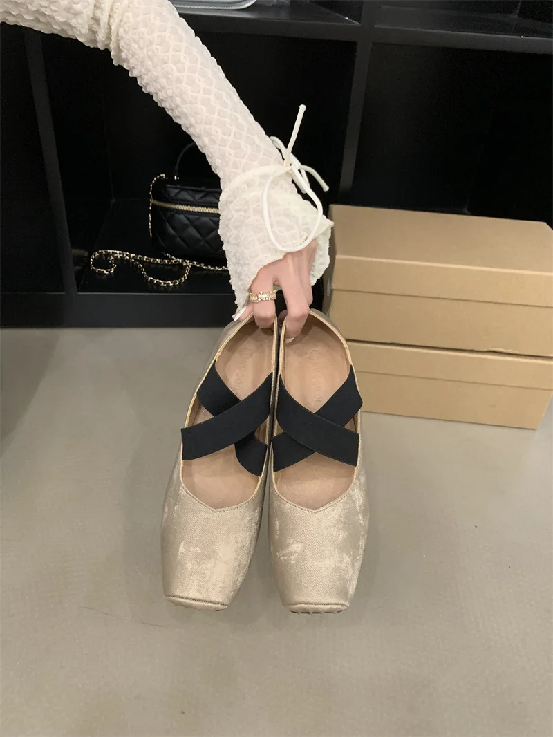 Zapatos de tacón bajo informales para mujer, calzado de Ballet con punta cuadrada y boca poco profunda, bailarinas cruzadas, vestido Retro Mary Janes PU Rub