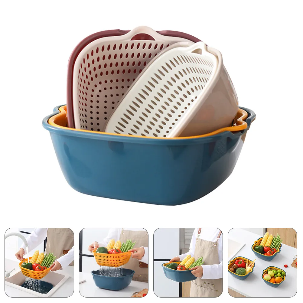 

6Pcs Double-Layer Draining Basket Set PP Plastic Fruit Vegetable Washing Basin Kitchen Strainer Storage Holder Drain Basin