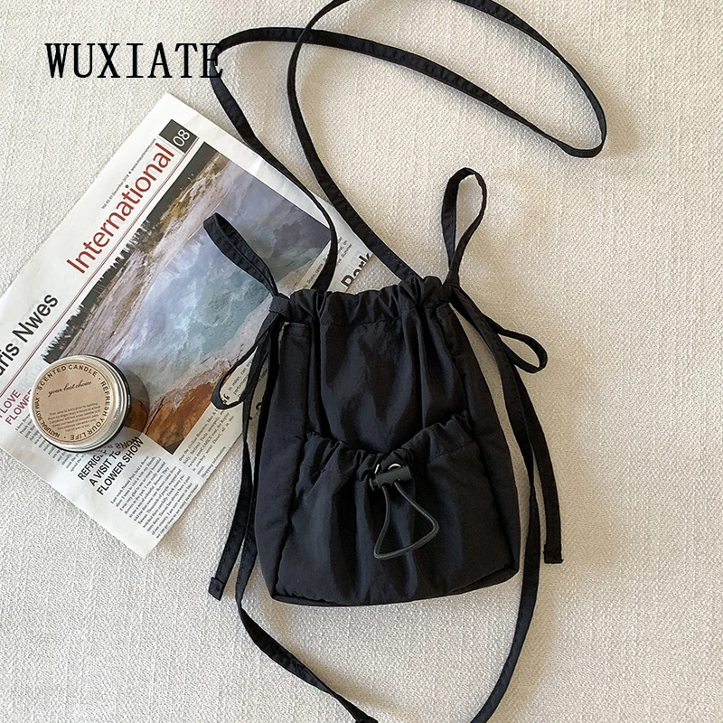 WUXIATE New 2024 women\'s bag drawstring small square bag nylon shoulder bag pleated niche crossbody bag