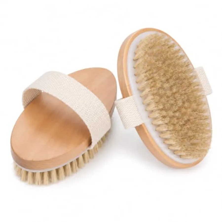 Dry Body Brush 2 Pack, Natural Boar Bristle Exfoliating Body Brush for Dry Brushing, Handheld Shower Brush Scrubber with Wooden