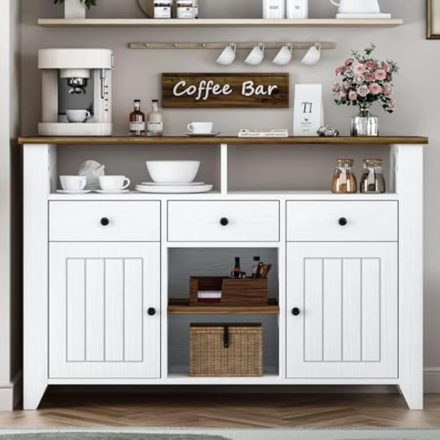 Farmhouse Coffee Bar Cabinet with Storage 47 Inch Coffee Bar with 3 Drawers 2 Doors White Buffet Cabinet with Open Shelf Kitche