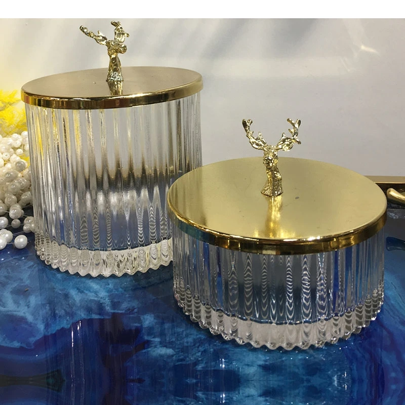 Glass Storage Jars Golden Leaf Embossed Tea Canister Candy Pot Deer Decorative Jar with Cover Spice Organizer Box