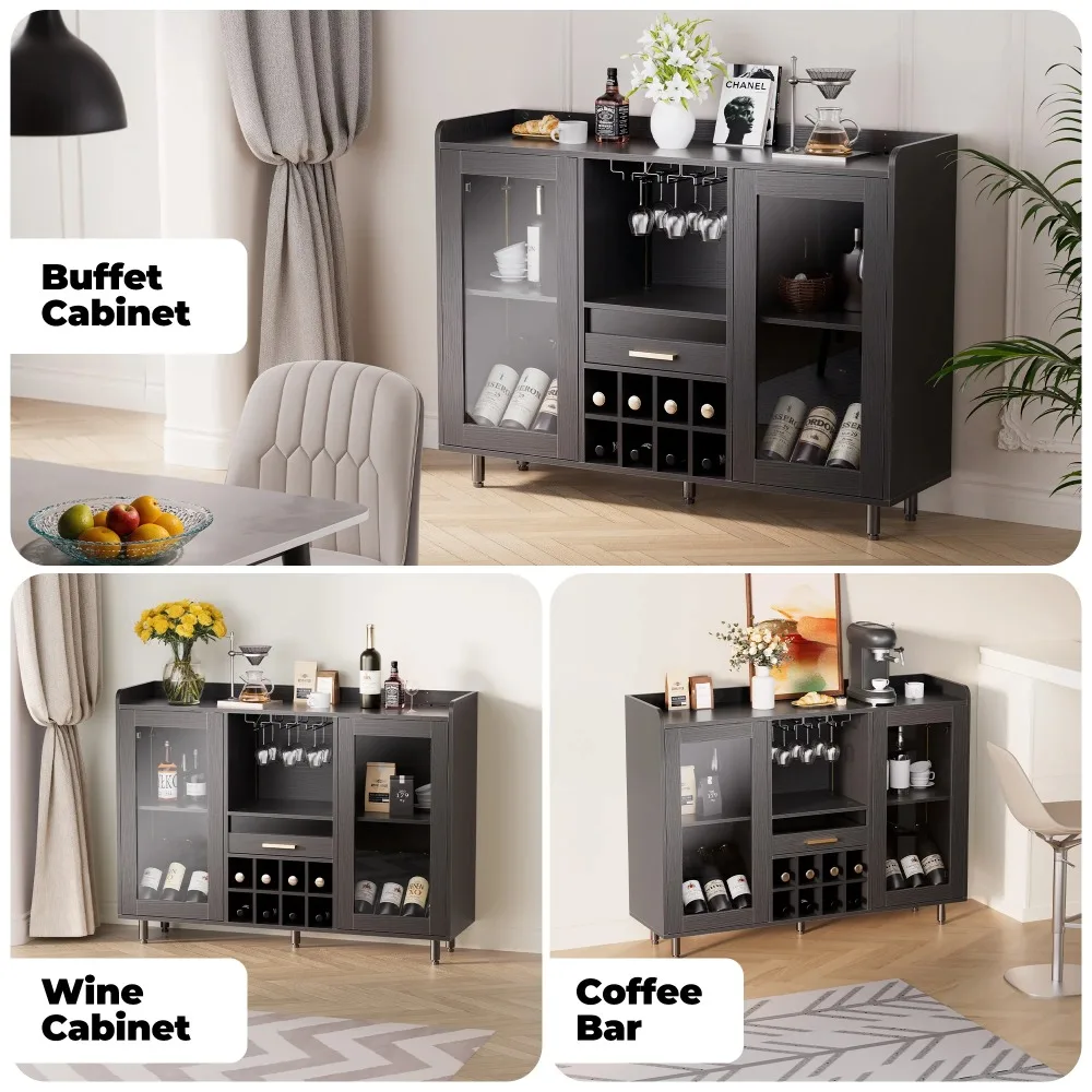 Wine Bar Cabinet Buffet Sideboard Cabinet with Wine Rack, Power Outlets, LED Light, Black