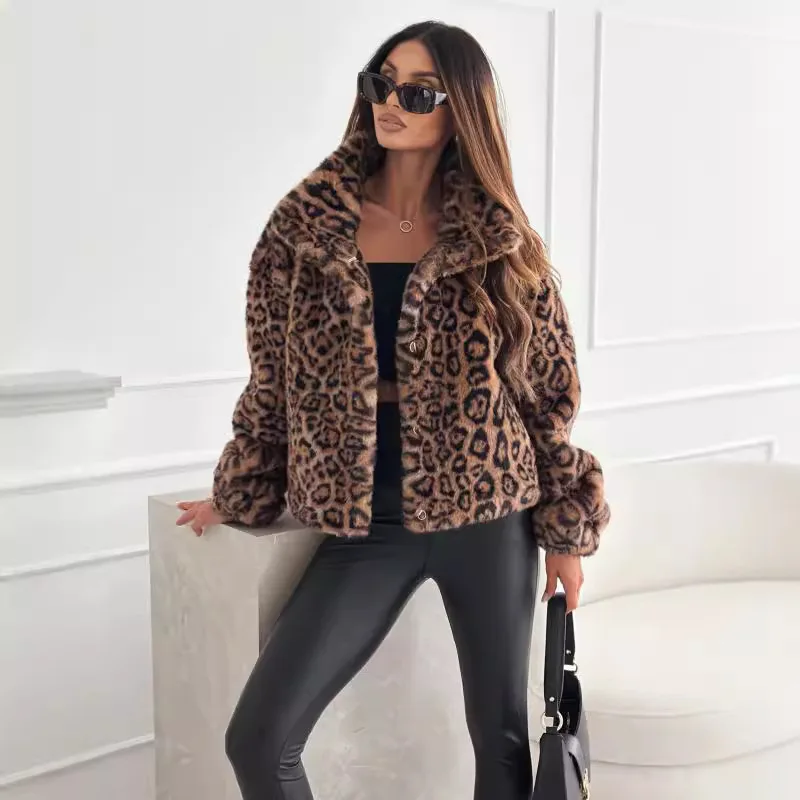 Women Jackets Print Leopard Thick Warm Coats Cardigan Turn Down Collar Streetwear Jacket Open Stitch Casual Winter 2025