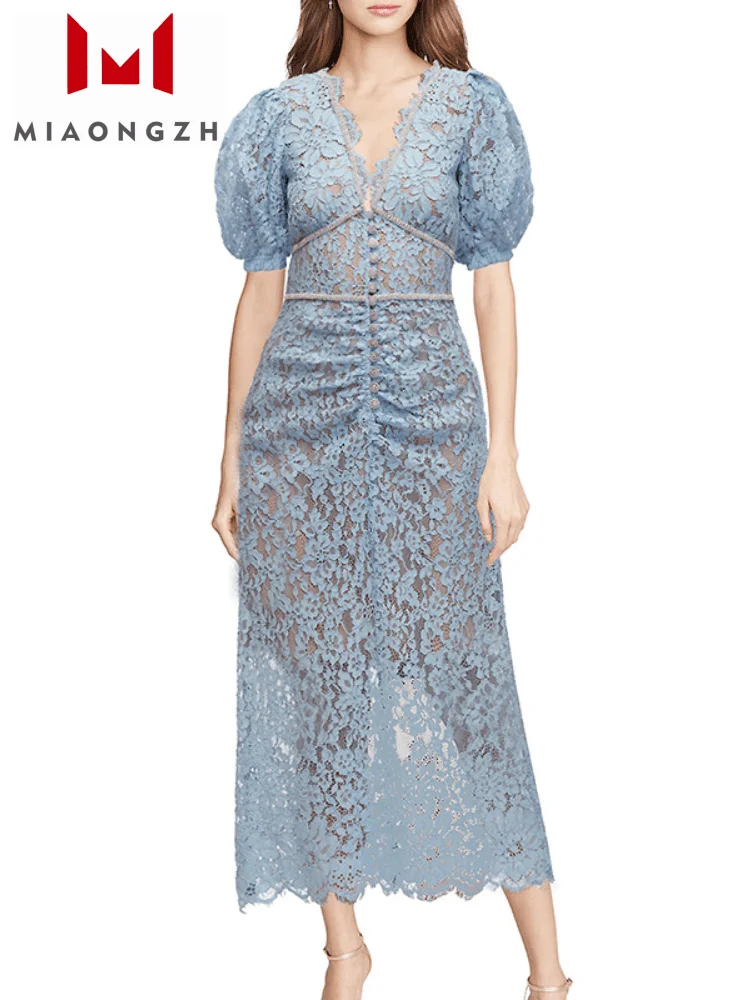 

2024 New Summer Women's Lace Long Dress V Neck Short Sleeve Fashion Lace Patch Diamond Vintage Embroidery Party Evening Dresses
