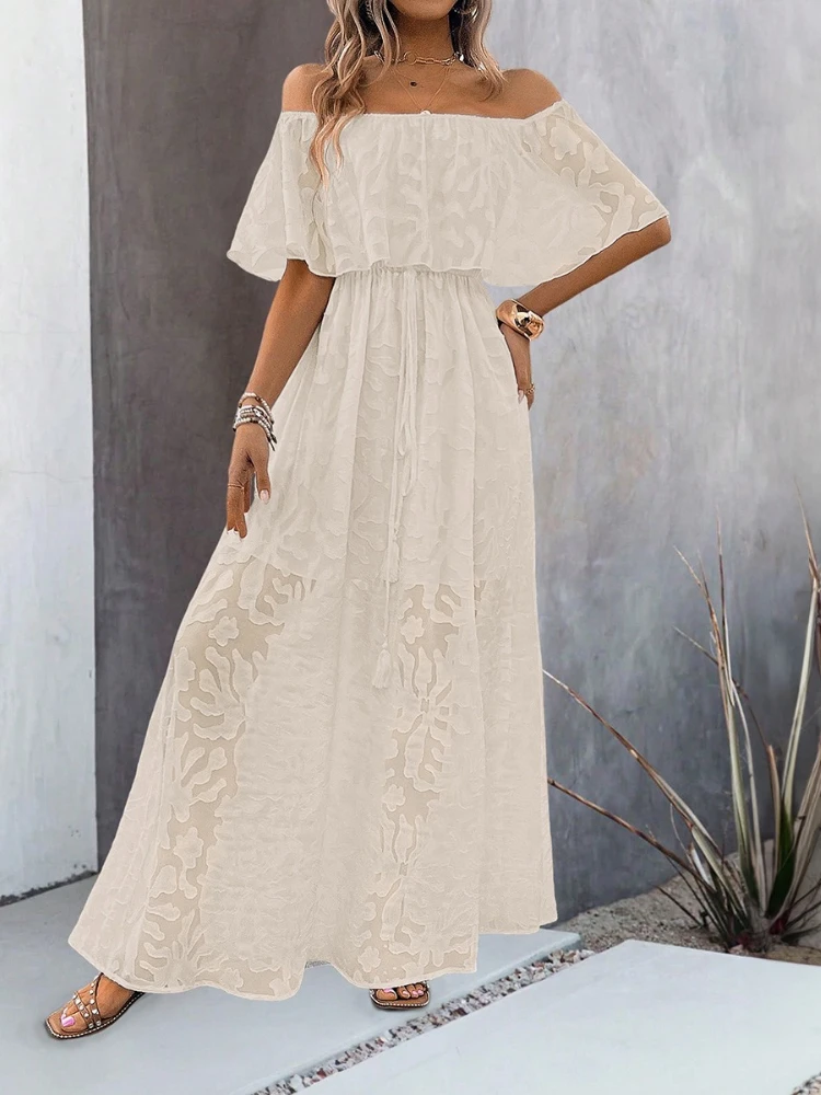 Robe longue en dentelle bohème pour femmes, blanche, plage, ample, sans bretelles, asymétrique épaule dénudée, couleur unie, Sexy, nouvelle collection été 2025