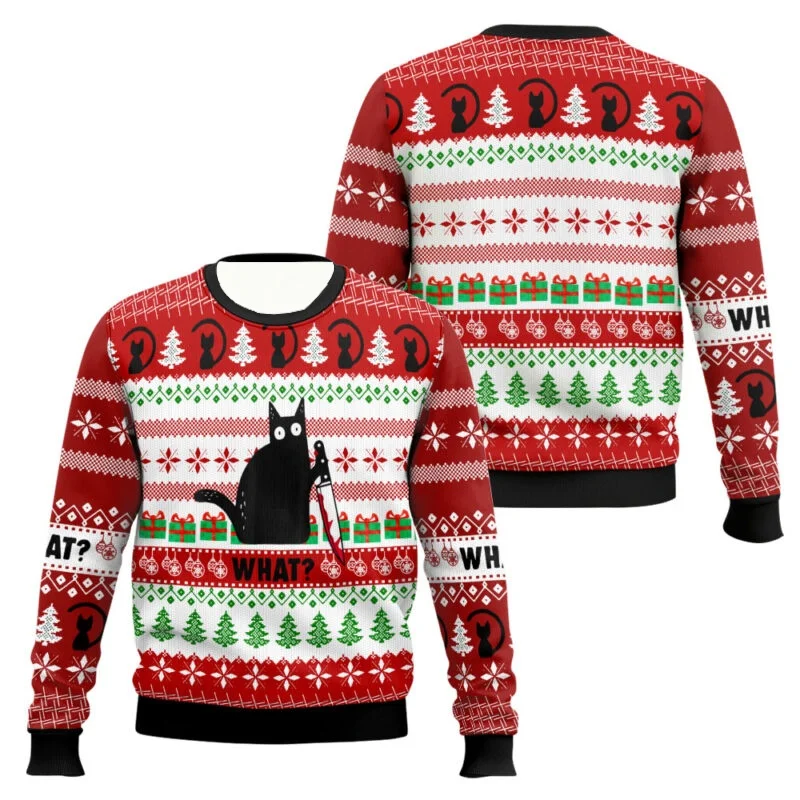 Black Cat Drink Coffee Ugly Christmas Sweaters Multipe Styles Funny Holiday Party Pullover Sweater Family Christmas Gift