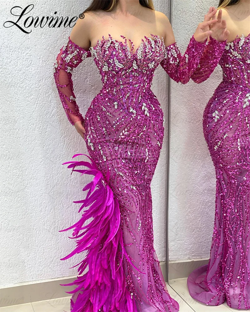 Hot Pink Sparkly Sequins Crystal Arabic Evening Dresses 2024 Custom Made Off The Shoulder Mermaid Feathers Prom Party Dress Robe