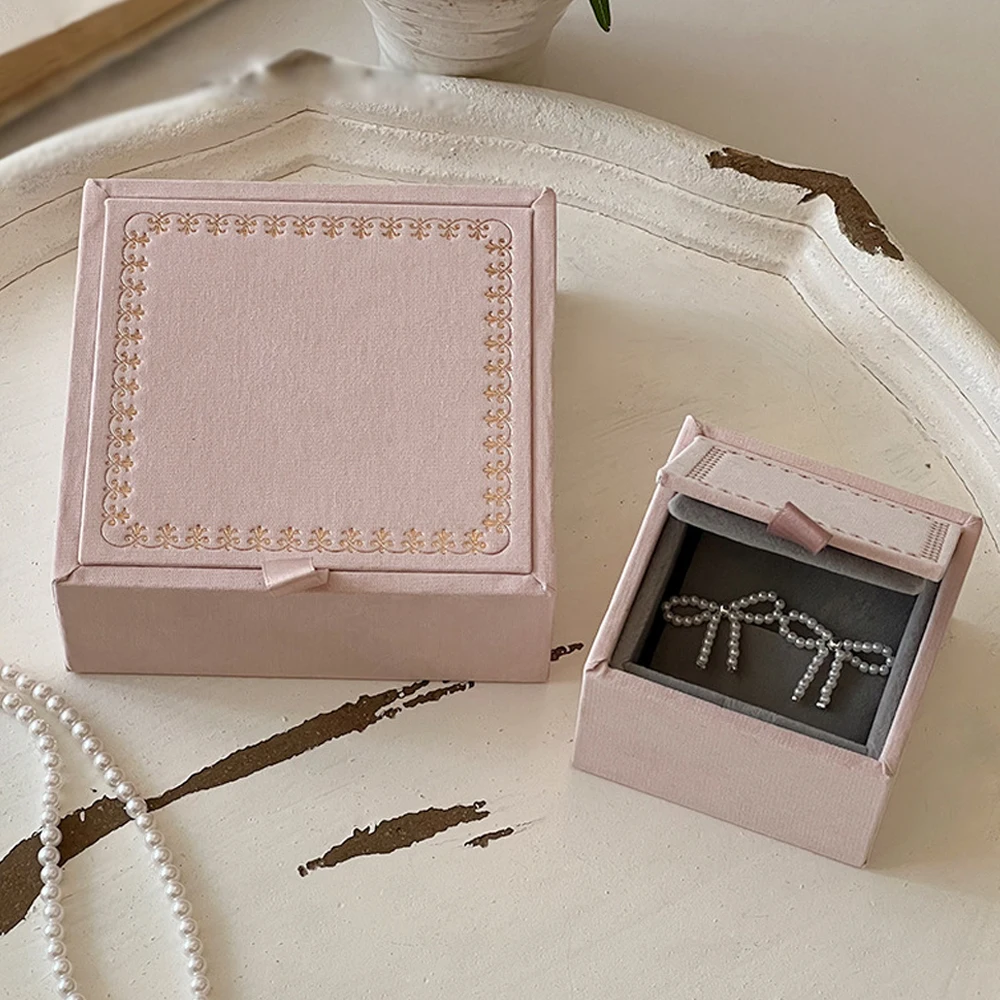 10pcs Pink Jewelry Packaging Box Vintage Flocked Wooden Velvet Paper Boxes For Ring Earrings Pearl Necklace Stud Luxury Storage