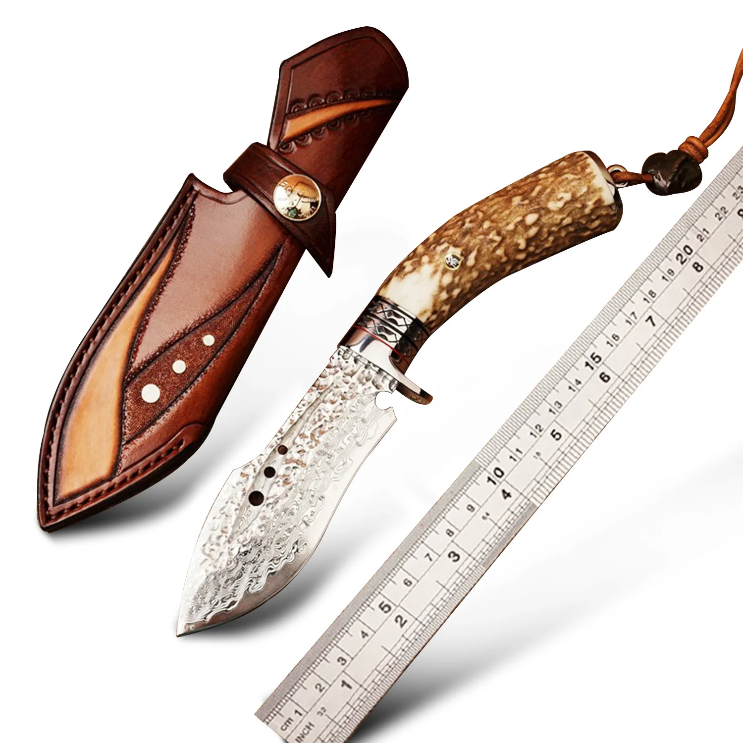 

VG10 Core 67 Layers Damascus Steel Outdoor Tool, Stag Horn Handle, 9.06inch, Leather Sheath, for Camping Hiking Fishing Wood Car
