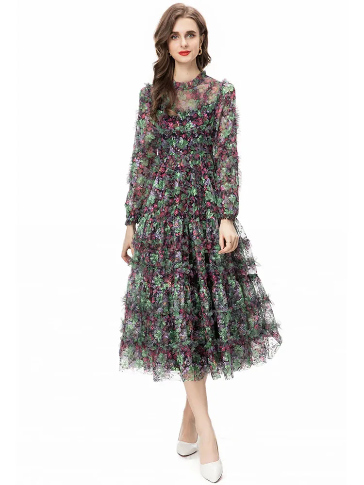 DSXDFACAIRIJ ผู้หญิงวินเทจ O-คอชุดโคมไฟแขนเสื้อ Ruffles ดอกไม้พิมพ์ตาข่ายยาวชุดพรรคฤดูใบไม้ผลิแฟชั่นสําหรับหญิง