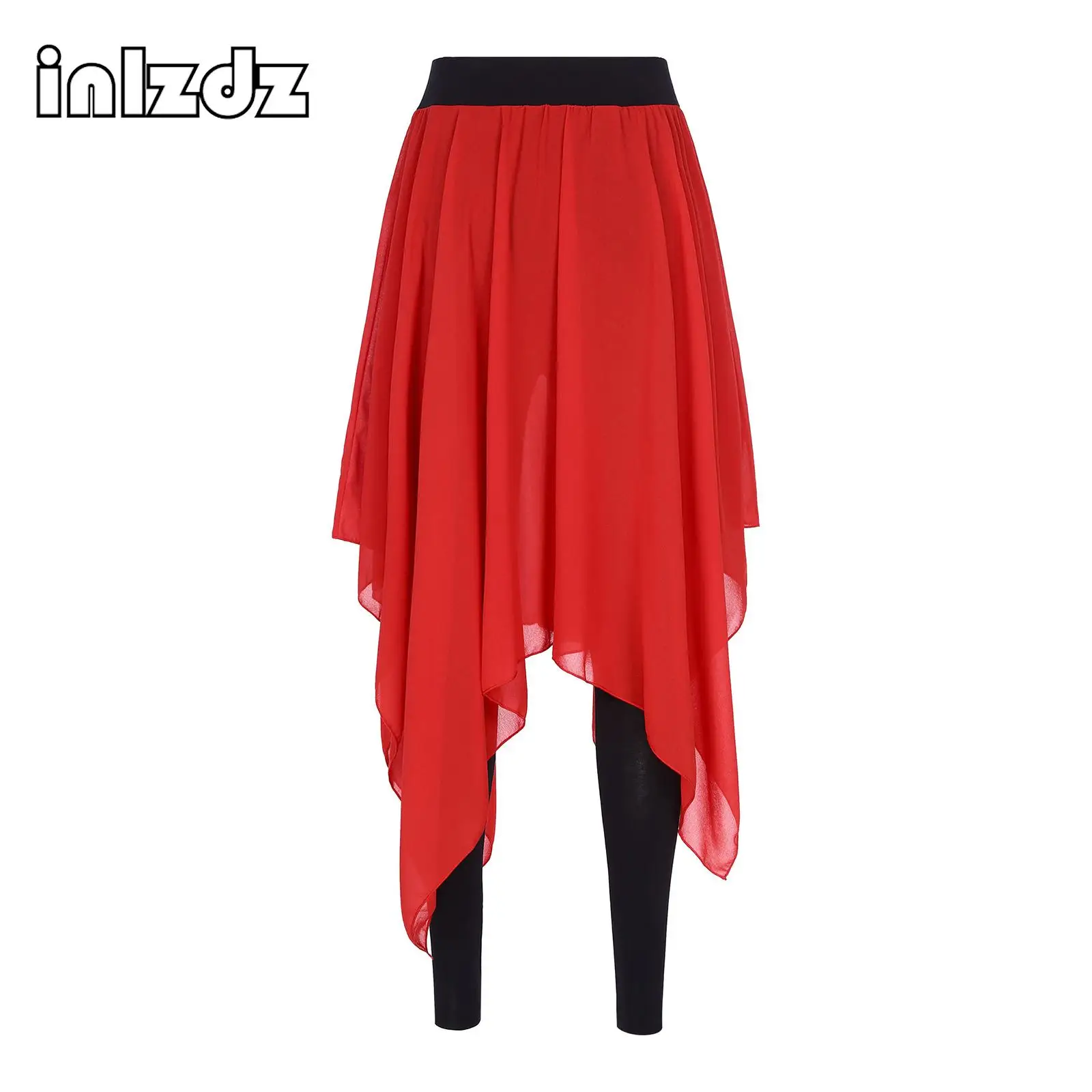 

Womens Elegant Sheer Chiffon Dance Skirt Asymmetrical Hem with Built-In Leggings for Ballet Dance Training Stage Performance