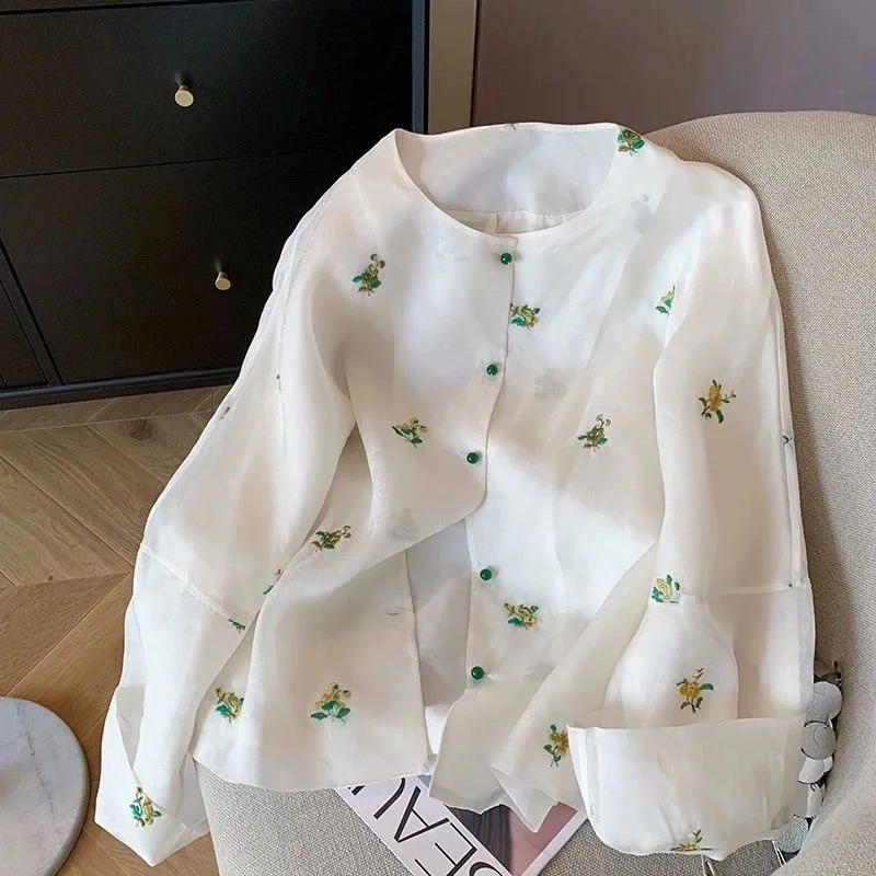 

Chinese Style Thin Floral Embroidery Blouse Women Summer New O Neck Chiffon Vintage Long Sleeve Single Breasted Shirts