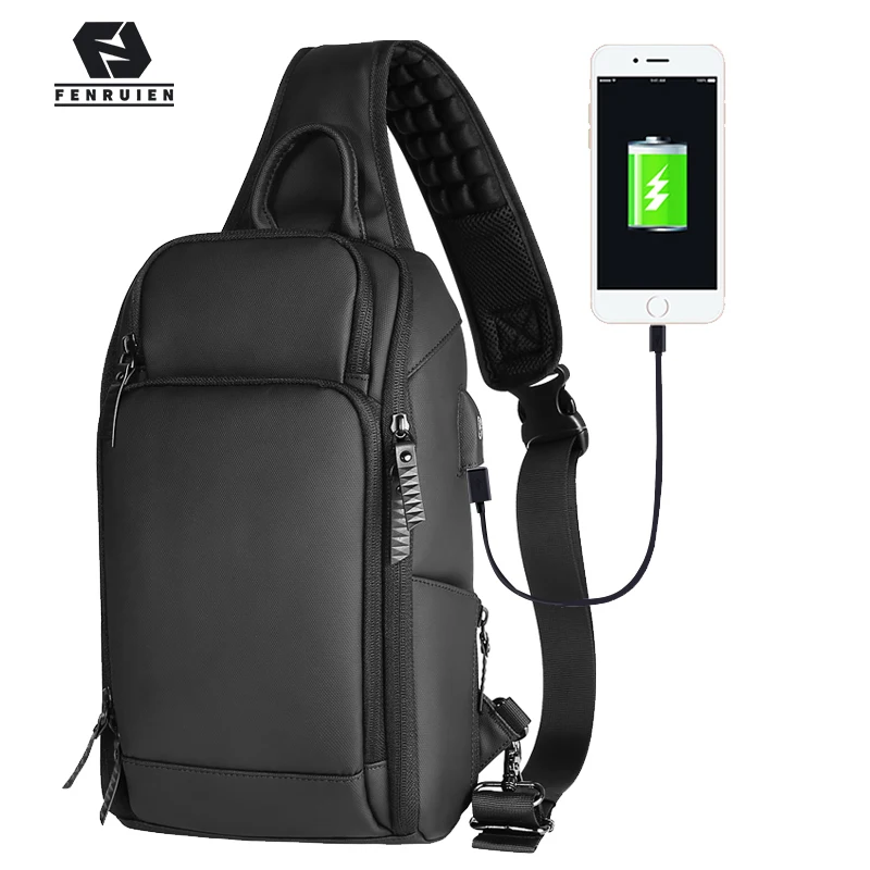 Fenruien Brand Chest Pack USB Charging Crossbody Bags for Men Shoulder Sling Bag Waterproof Short Trip Male Shoulder Bag Fashion